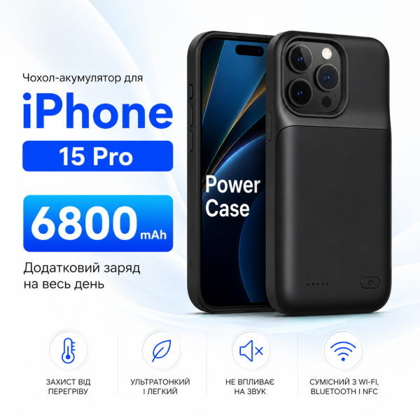 Чехол-зарядка Power Case для iPhone 15 Pro (6800 mAh) Black - изображение 2