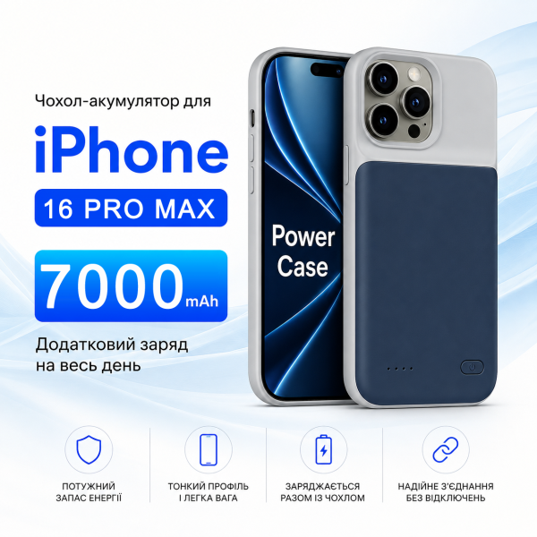 Чехол-зарядка Power Case для iPhone 16 Pro Max (7000 mAh) Blue - Фото 2 Чехол-зарядка Power Case для iPhone 16 Pro Max (7000 mAh) Blue - изображение 2