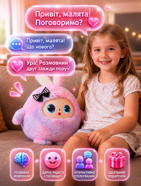 Интерактивная плюшевая игрушка с искусственным интеллектом AI анимированными глазами и функцией воспроизведения звука Зайчик Розовый - изображение 4