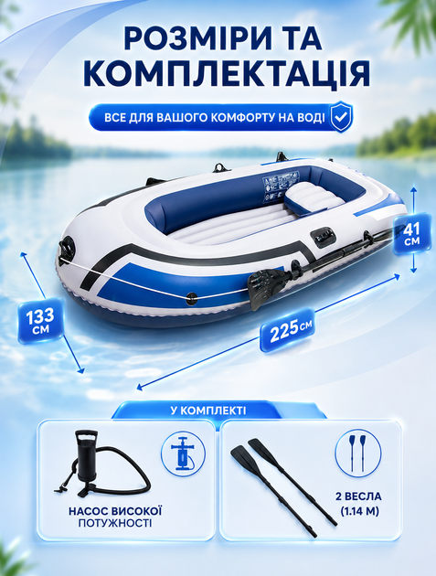 Трехместная надувная лодка ПВХ с веслами, подушкой и насосом 41×225×133 см грузоподъёмность до 250 кг - Фото 4 Трехместная надувная лодка ПВХ с веслами, подушкой и насосом 41×225×133 см грузоподъёмность до 250 кг - изображение 4