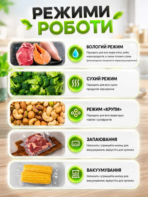 Компактний вакуумний упаковник для герметичного зберігання продуктів з шістьма режимами роботи та вакуумом 65 кПа 110 Вт - зображення 5