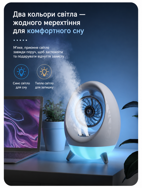 Міні вентилятор з зволоженням повітря та підсвічуванням SmartAir Egg робота від акумулятора або USB павербанку - зображення 3