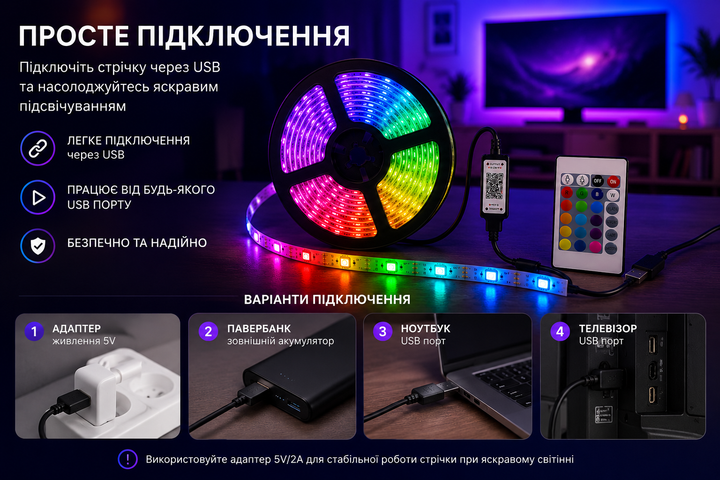 Гнучка світлодіодна стрічка RGB USB 20м / RGB стрічка / USB Led стрічка + пульт - зображення 4