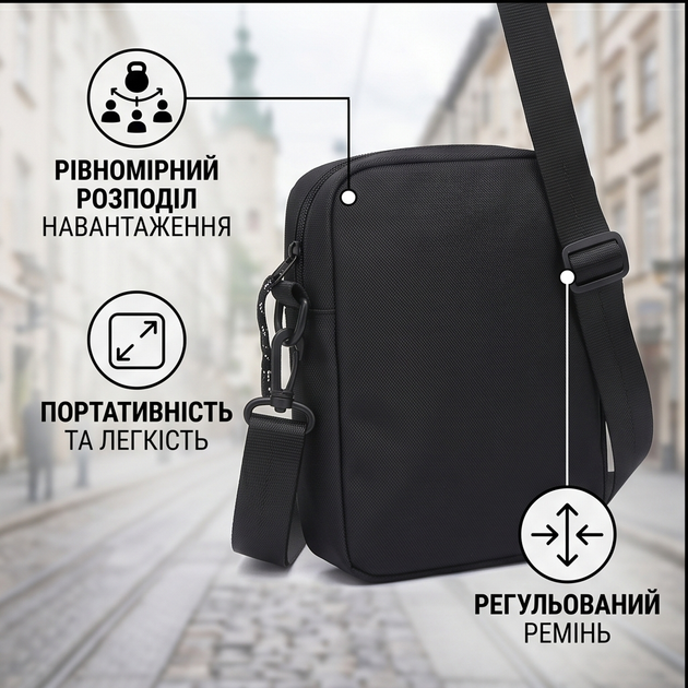 Мужская сумка через плечо спортивная кросс боди сумка барсетка для документов телефона ключей женская унисекс мессенджер для мужчин текстильная компактная компактная Черная - изображение 6