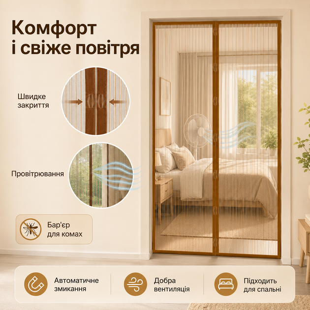 Антимоскітна магнітна сітка на двері 100×210 см із автоматичним закриттям - изображение 4