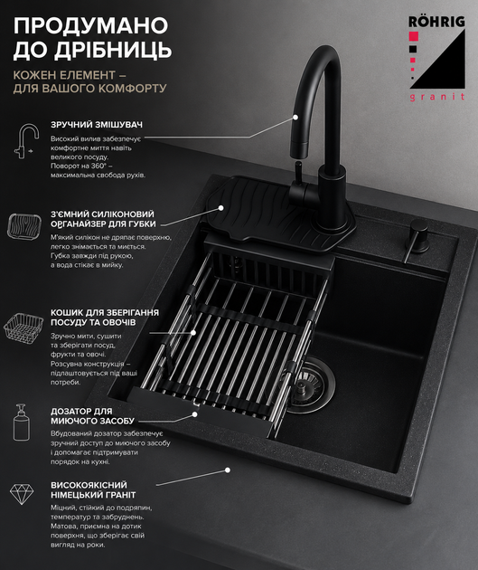 Кухонная мойка AQUAMARIN ASTI ONX (Черный) Гранитная+Смеситель+Дозатор+Органайзер для губки - Фото 2 Кухонная мойка AQUAMARIN ASTI ONX (Черный) Гранитная+Смеситель+Дозатор+Органайзер для губки - изображение 2