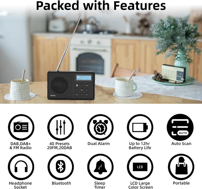 Портативний цифровий радіоприймач WOVTE DAB/DAB+/FM з Bluetooth акумуляторний кишеньковий міні приймач Чорний - зображення 6