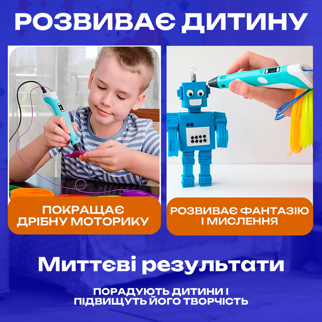 3Д-ручка дитяча дротова блакитна для дітей малювання творчості у комплекті 10 м еко пластику 10 з трафаретами LCD-дисплеєм 3D Pen - зображення 2
