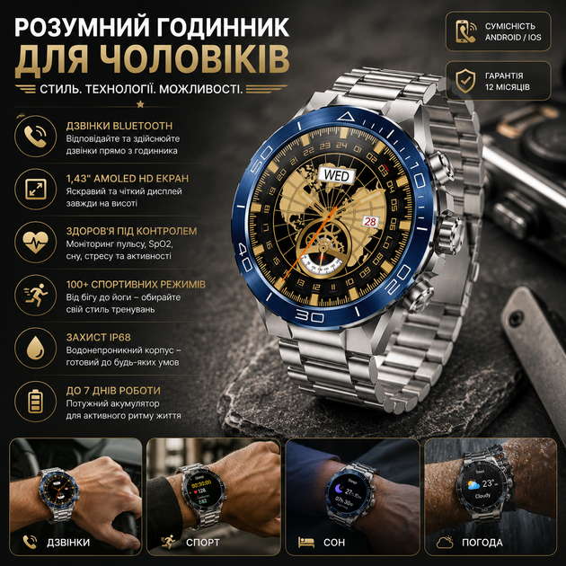 Чоловічий тактичний смарт-годинник Kesasoxe з AMOLED екраном водонепроникний армійський розумний годинник із дзвінками - зображення 3