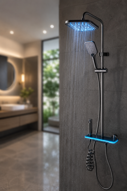 Душевая система со смесителем Faucet CRH-8921 металл LED подсветка гидроэнергетика верхний и ручной душ настенный - изображение 4