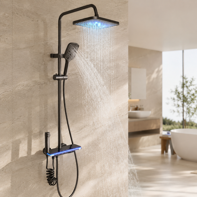 Душевая система со смесителем Faucet CRH-8921 металл LED подсветка гидроэнергетика верхний и ручной душ настенный - изображение 5