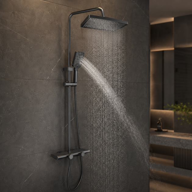 Душевая система со смесителем Faucet CR-25HT030 металл верхний и ручной душ настенная графитовая - изображение 4