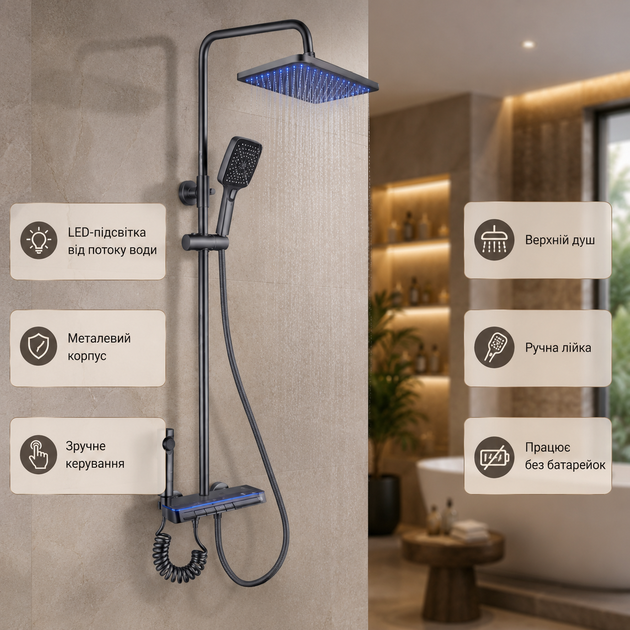 Настенная душевая система Faucet CR-25HT007 с LED-подсветкой и смесителем (металл) - изображение 2