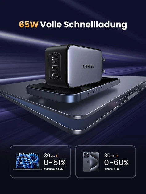 Мережевий зарядний пристрій UGREEN Nexode USB-C Charger 65 W GaN Power Supply Gray (X556) - Фото 3 Мережевий зарядний пристрій UGREEN Nexode USB-C Charger 65 W GaN Power Supply Gray (X556) - зображення 3