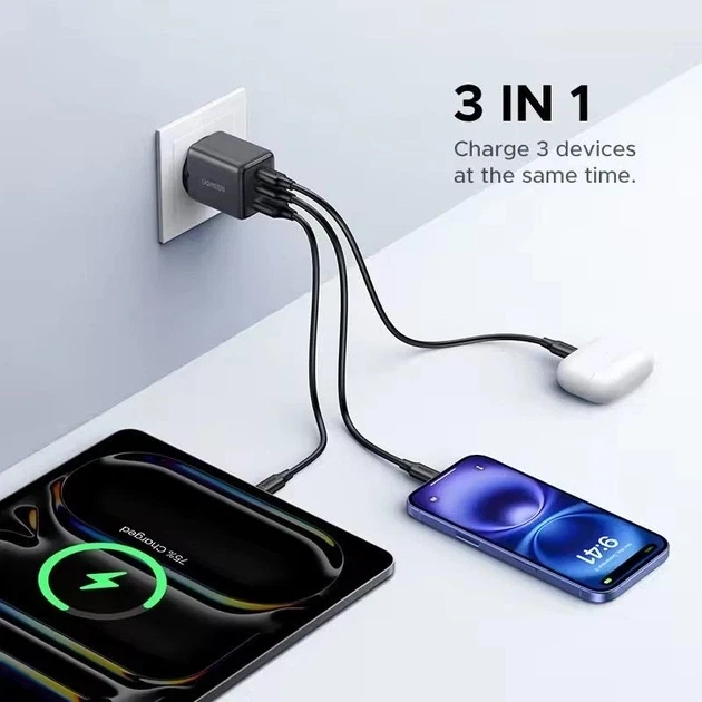 Сетевое зарядное устройство UGREEN 30W 3-Port GaN II Power Supply PD Fast Charger Black (X515) - изображение 3