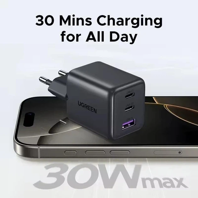 Сетевое зарядное устройство UGREEN 30W 3-Port GaN II Power Supply PD Fast Charger Black (X515) - изображение 4