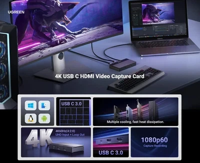 Карта захвата видео UGREEN HDMI to USB/USB-C 4K Full HD 2K 30 Гц 1080p 60 кадров в секунд Black (CM630) - Фото 5 Карта захвата видео UGREEN HDMI to USB/USB-C 4K Full HD 2K 30 Гц 1080p 60 кадров в секунд Black (CM630) - изображение 5
