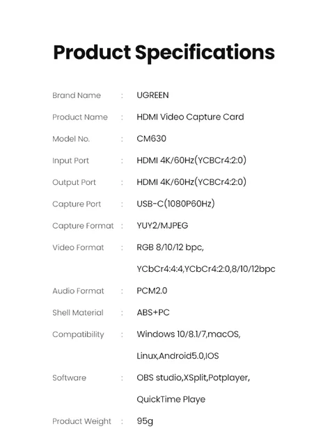 Карта захвата видео UGREEN HDMI to USB/USB-C 4K Full HD 2K 30 Гц 1080p 60 кадров в секунд Black (CM630) - Фото 10 Карта захвата видео UGREEN HDMI to USB/USB-C 4K Full HD 2K 30 Гц 1080p 60 кадров в секунд Black (CM630) - изображение 10