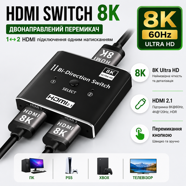 HDMI Switch 8K 60Hz двунаправленный HDMI переключатель U&P VS02 Black - Фото 1 HDMI Switch 8K 60Hz двунаправленный HDMI переключатель U&P VS02 Black - изображение 1