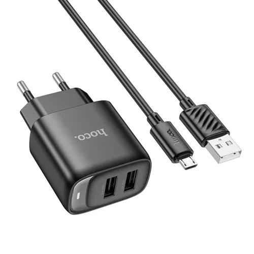 Мережевий зарядний пристрій Hoco C141A Smart dual-port комплект зарядного пристрою 5V/2.1A +Micro-USB-USB, чорний - Фото 1 Мережевий зарядний пристрій Hoco C141A Smart dual-port комплект зарядного пристрою 5V/2.1A +Micro-USB-USB, чорний - зображення 1