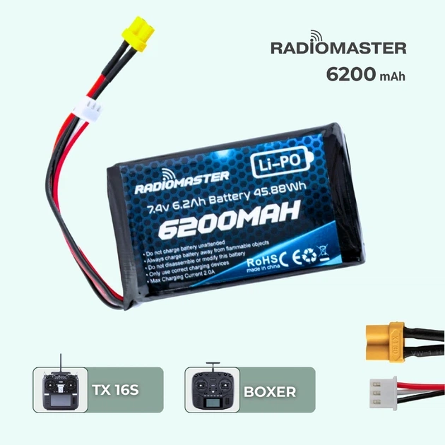Аккумулятор RadioMaster 2S 6200 mAh FPV JST-XH и XT30, TX16S, BOXER (19262) - Фото 7 Аккумулятор RadioMaster 2S 6200 mAh FPV JST-XH и XT30, TX16S, BOXER (19262) - зображення 7