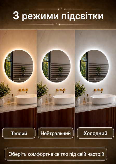 Зеркало с подсветкой для гостиной настенное круглое LED зеркало для макияжа косметическое 59х59см Asans - изображение 2
