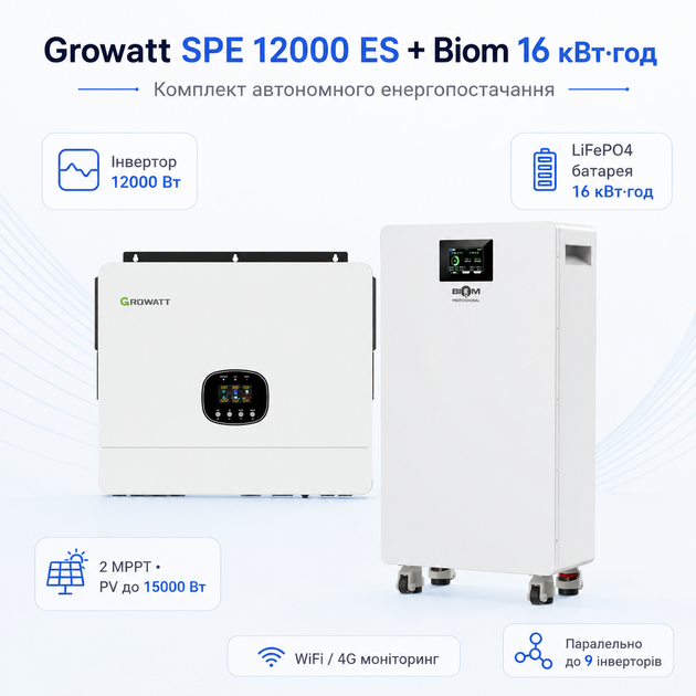 Комплект автономного энергоснабжения Growatt SPE 12000 ES 12 кВт + Biom Professional BALFP-512314-V2 16 кВт·ч White - изображение 2