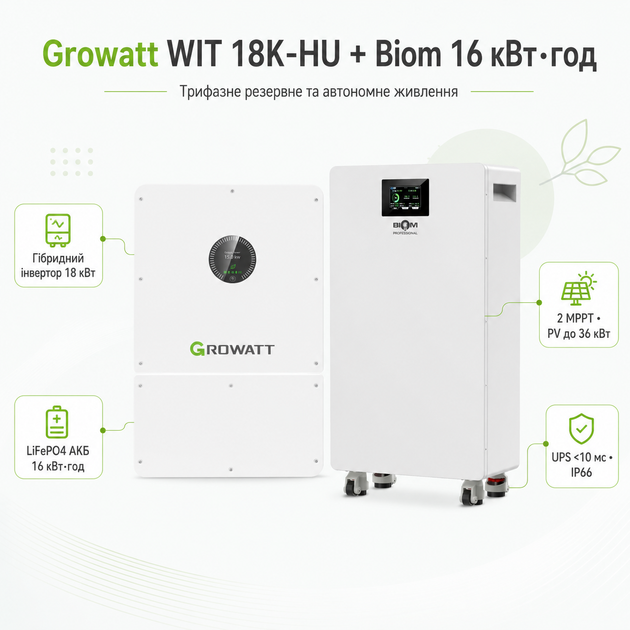 Комплект автономного енергопостачання Growatt WIT 18K-HU 18 кВт + Biom Professional BALFP-512314-V2 16 кВт·год White - зображення 2