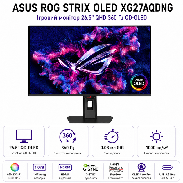 Монітор ігровий 26.5" Asus ROG Strix OLED XG27AQDNG QD-OLED 2560x1440 360 Гц 1000 кд/м² Black (90LM0CH0-B01971) - зображення 2