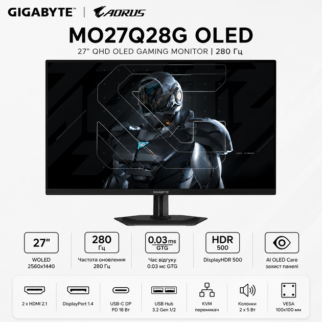 Монитор игровой 27" GIGABYTE MO27Q28G OLED Gaming Monitor 2560x1440 280 Гц 335 кд/м² колонки 2x5 Вт USB-C Black - изображение 2
