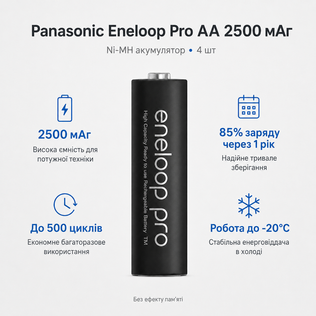Аккумулятор Panasonic Eneloop Pro AA NI-MH 2500 мАг 4 шт (BK-3HCDE/4CP) - Фото 3 Аккумулятор Panasonic Eneloop Pro AA NI-MH 2500 мАг 4 шт (BK-3HCDE/4CP) - зображення 3