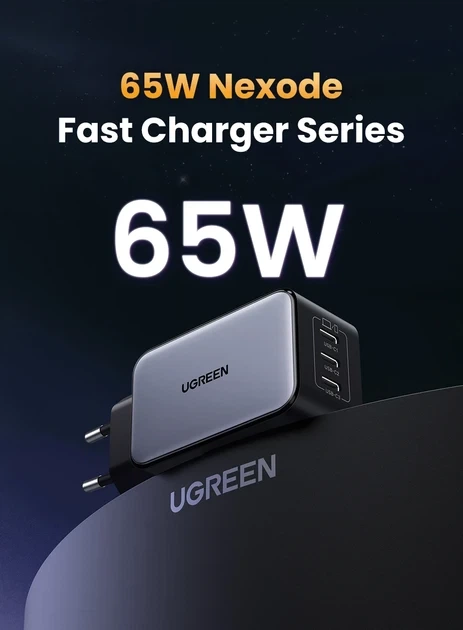 Зарядний пристрій UGREEN X556 65W GaN Fast Charger 3-Port USB-C PD/QC для ноутбука, смартфона та планшета - зображення 3