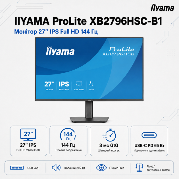 Монитор 27" IIYAMA ProLite XB2796HSC-B1 IPS 1920x1080 144 Гц 300 кд/м² колонки 2x2 Вт USB-C Matte Black - изображение 2