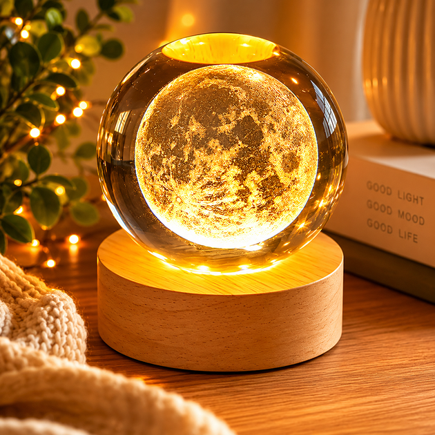 Декоративна лампа 3D-нічник Crystal Ball з дерев`яною підставкою, Місяць - зображення 13