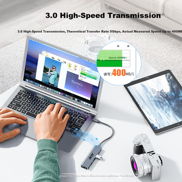 Док-станція Acer USB 3.0 Hub, високошвидкісний 4-портовий концентратор, розширювальна док-станція, сумісна з ноутбуком, адаптером-подовжувачем, блоком живлення Type-C - изображение 8