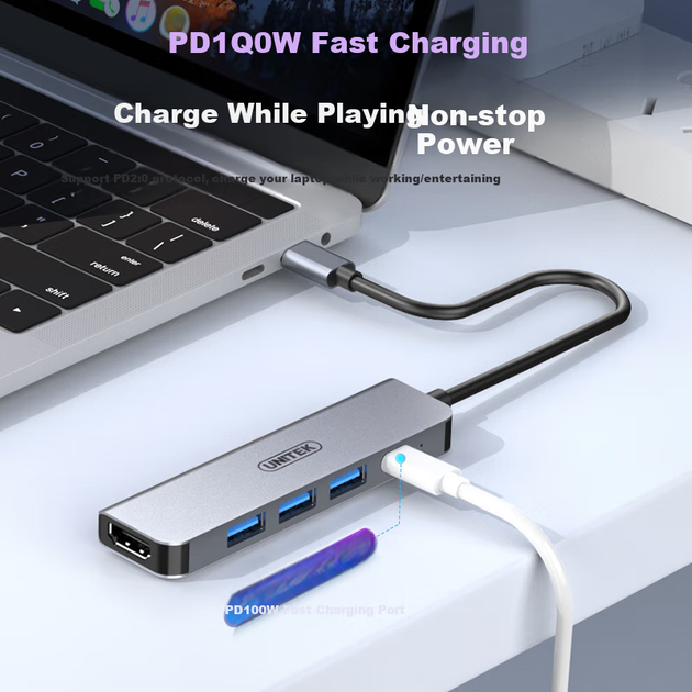 Розширювальна док-станція UNITEK Type-C на HDMI-перехідник, швидка зарядка PD, концентратор USB-C, сумісний з Apple MacBook Neo, комп'ютерами Huawei, телефонами, планшетами, USB-адаптером - Фото 5 Розширювальна док-станція UNITEK Type-C на HDMI-перехідник, швидка зарядка PD, концентратор USB-C, сумісний з Apple MacBook Neo, комп'ютерами Huawei, телефонами, планшетами, USB-адаптером - зображення 5