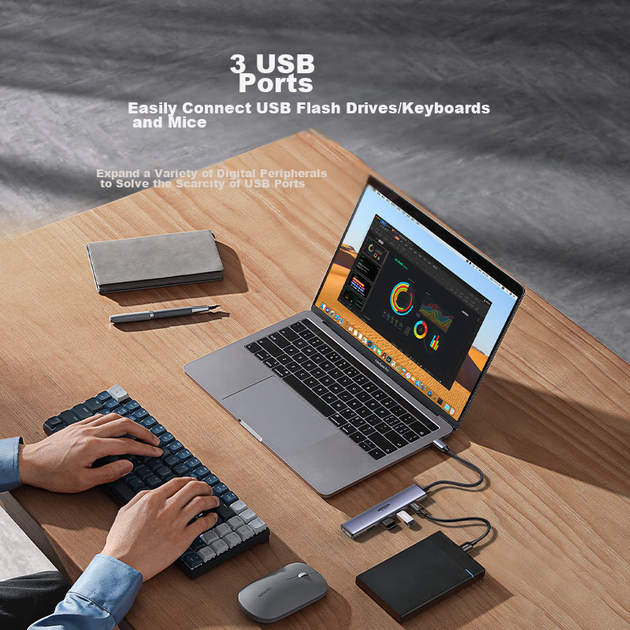 Док-станція UGREEN Type-C - DP, док-станція розширення для дзеркального відображення екрана з інтерфейсом DP1.4, адаптер 8K/4K/2K240Hz для моніторів, конвертер для ноутбуків Mac з блоком живлення - изображение 9