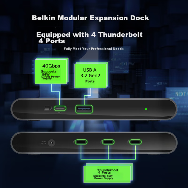 Док-станція BELKIN Thunderbolt 4, п'ятивхідний високопродуктивний модуль розширення, розширення комп'ютера Thunderbolt 4, комерційна продуктивність 40 Гбіт/с, зарядний пристрій потужністю 140 Вт, док-станція розширення INC013 - Фото 6 Док-станція BELKIN Thunderbolt 4, п'ятивхідний високопродуктивний модуль розширення, розширення комп'ютера Thunderbolt 4, комерційна продуктивність 40 Гбіт/с, зарядний пристрій потужністю 140 Вт, док-станція розширення INC013 - зображення 6