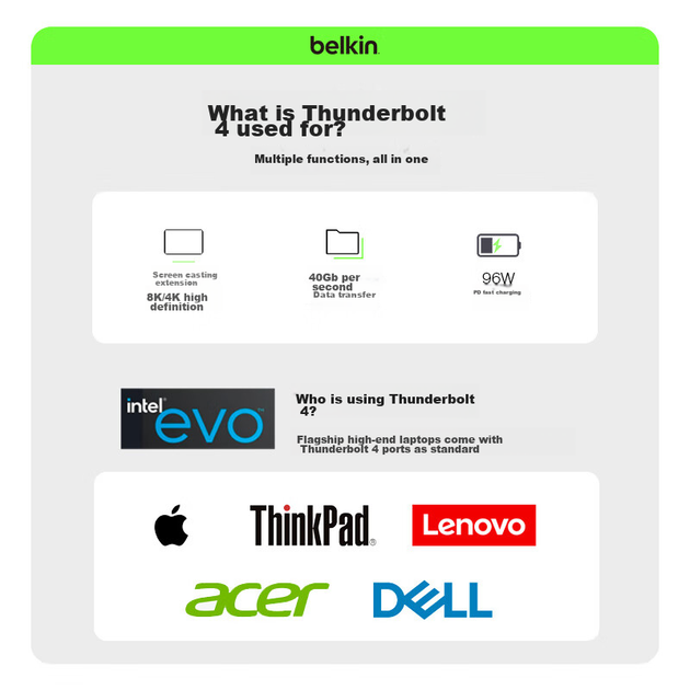 Док-станція BELKIN Thunderbolt 4, п'ятивхідний високопродуктивний модуль розширення, розширення комп'ютера Thunderbolt 4, комерційна продуктивність 40 Гбіт/с, зарядний пристрій потужністю 140 Вт, док-станція розширення INC013 - Фото 10 Док-станція BELKIN Thunderbolt 4, п'ятивхідний високопродуктивний модуль розширення, розширення комп'ютера Thunderbolt 4, комерційна продуктивність 40 Гбіт/с, зарядний пристрій потужністю 140 Вт, док-станція розширення INC013 - зображення 10