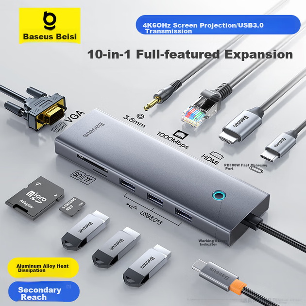 Док-станція розширення Baseus, зарядний розгалужувач-хаб Type-C, порт Gigabit Ethernet, дублювання екрана 4K 60 Гц, зчитувач карт пам'яті PD 100 Вт, універсальний Thunderbolt 4, сумісний з комп'ютерами Apple та Huawei - изображение 9