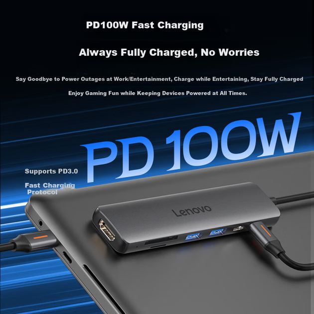 Док-станция расширения Lenovo Type-C, преобразователь USB-C в HDMI, USB 3.0-концентратор, разветвитель для ноутбука, функция зеркального отображения экрана 4K60 Гц, быстрая зарядка PD, многопортовый адаптер. - изображение 7