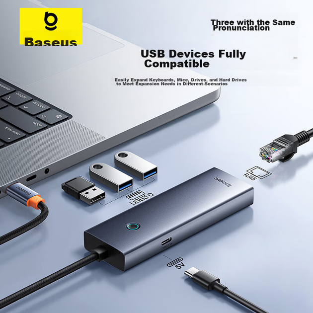 Док-станция расширения Baseus, зарядное устройство Type-C, адаптер USB-C на Gigabit Ethernet, разветвитель-конвертер, универсальный Thunderbolt 4 для ноутбуков Apple и Huawei, автомобильное крепление. - изображение 6