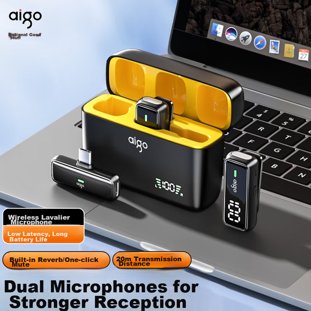 Микрофон Aigo S16 беспроводной с зажимом двойной, для интервью/стриминга, для Apple/Android - Фото 4 Микрофон Aigo S16 беспроводной с зажимом двойной, для интервью/стриминга, для Apple/Android - изображение 4