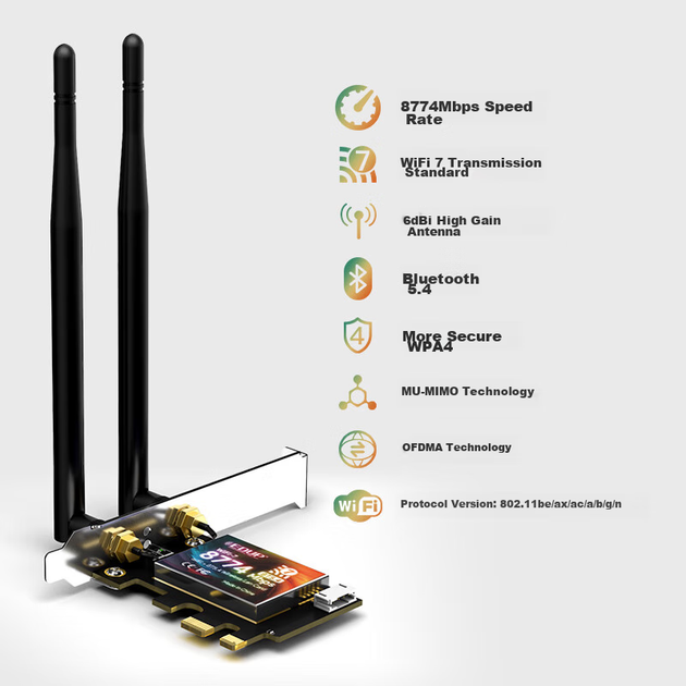 Игровая гигабитная сетевая карта WiFi 7 EDUP BE200, трехдиапазонный интерфейс PCIe для настольных компьютеров 8774M, беспроводной приемник WiFi Bluetooth 5.4 - BE9715 - изображение 6