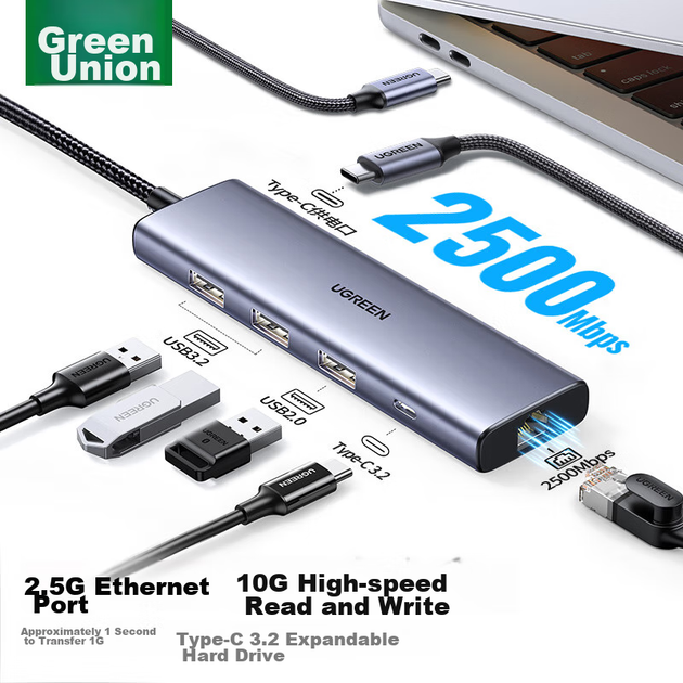 Док-станция расширения UGREEN Type-C на 2.5G с портом Ethernet, док-станция расширения USB 3.2, сетевой кабель-адаптер RJ45 10G, совместимый с MacBook, компьютерами Apple и ноутбуками. - изображение 12