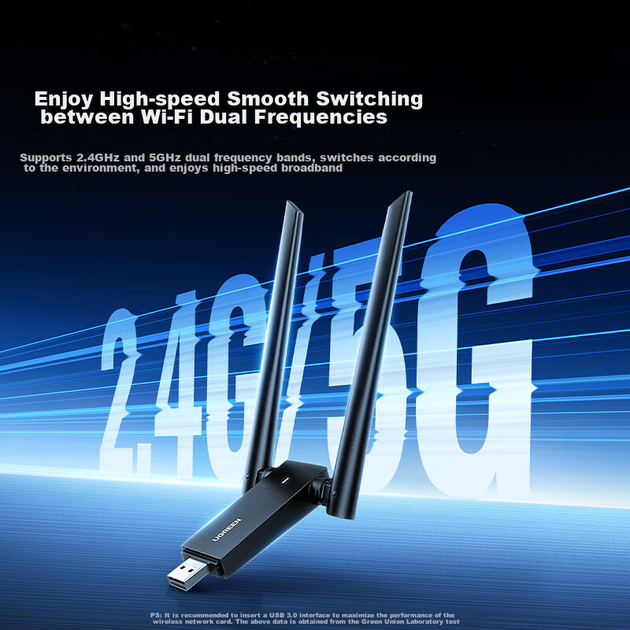 Беспроводной USB сетевой адаптер UGREEN AC1300, двухдиапазонный 5G, с двумя антеннами, Wi-Fi приемник без драйверов для настольных компьютеров и ноутбуков, внешняя сетевая карта, безлимитный Wi-Fi передатчик - изображение 5