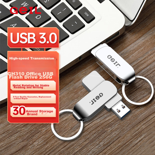 Флеш-накопитель GEIL 256 ГБ USB 3.0, скорость чтения 100 МБ/с, металлический поворотный корпус, высокая скорость чтения/записи, прочный USB-накопитель для бизнеса, офиса и учебы, серия GH310. - изображение 4