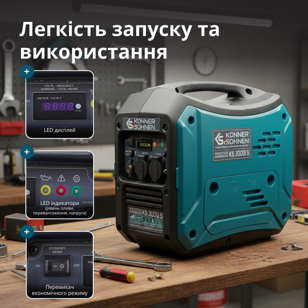 Генератор инверторный бензиновый Könner&Söhnen KS 3000i S Eco-Mode 3.3 кВт ~68 дБ 22.5 кг - изображение 7