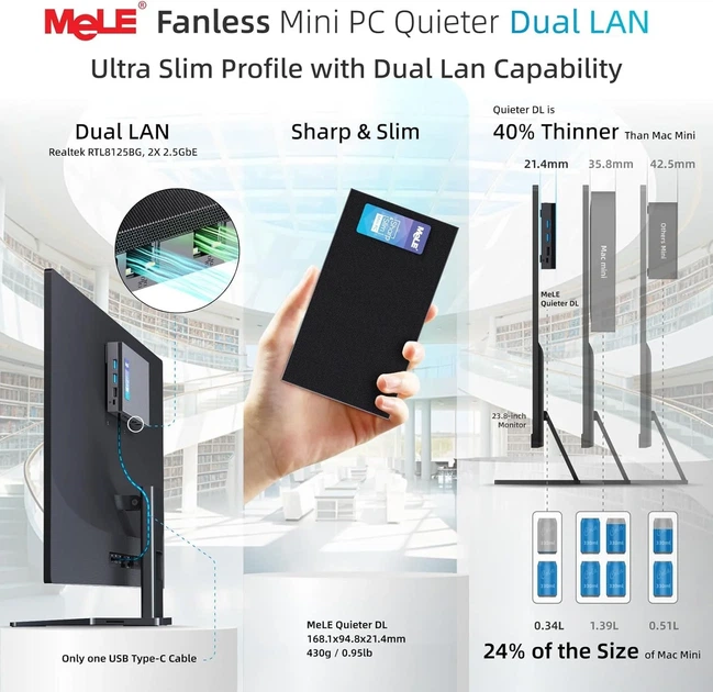 Мини ПК MeLE Quieter DL F5Q / Intel N100 / RAM 16GB / SSD 512GB / 2 х HDMI / LAN / Wi-Fi 5 / Bluetooth 5.1 / Windows 11 / Black (101939827) - изображение 9