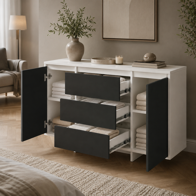 Комод Mondo 1200x410x750 з шухлядами та дверцятами для спальні, вітальні та передпокою, Антрацит/Білий - зображення 3